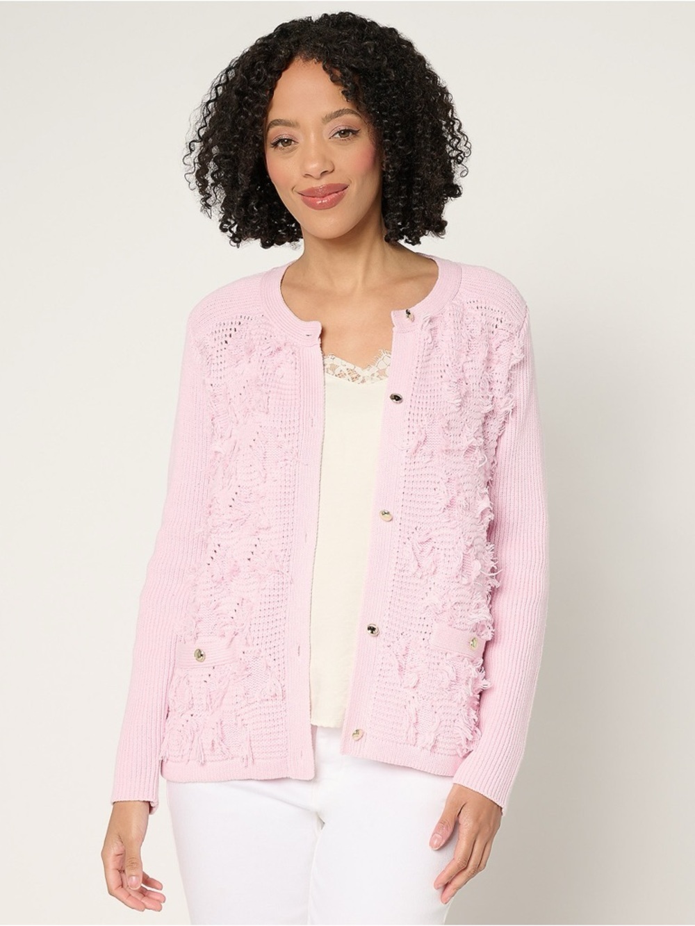 Susan Graver Pink Textured Button-Front Cardigan Size M NWT